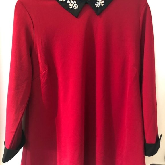 Cute Red Blouse with Rhinestoned Black Collar - Picture 1 of 2